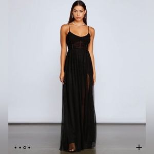 New Windsor black maxi dress with lace, rhinestones, and a high slit. Size XS.